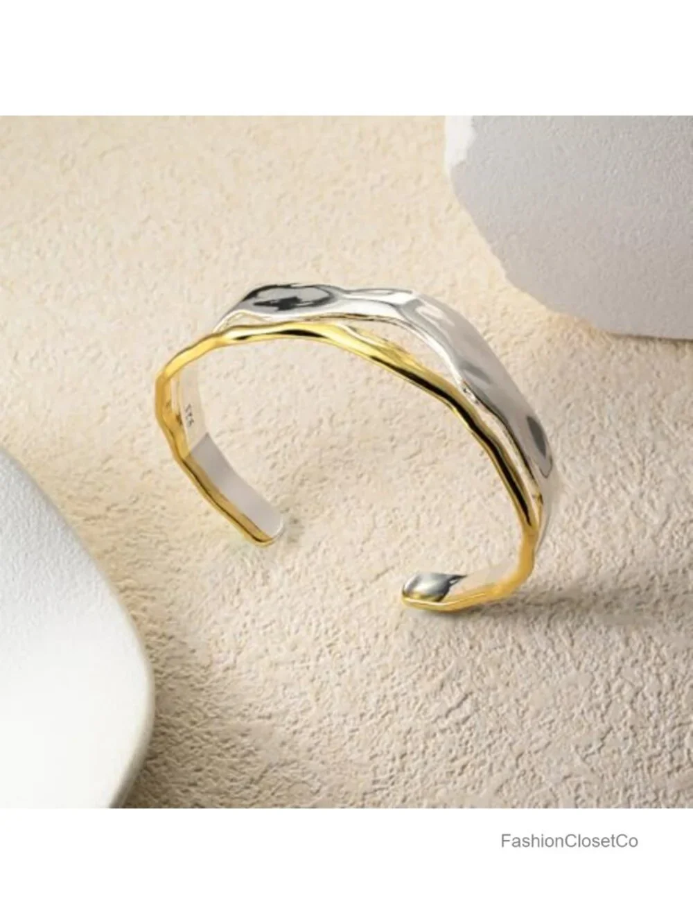 Sterling Silver Two Tone Open Cuff Bracelet Double Layer Hammered Texture Chunky
